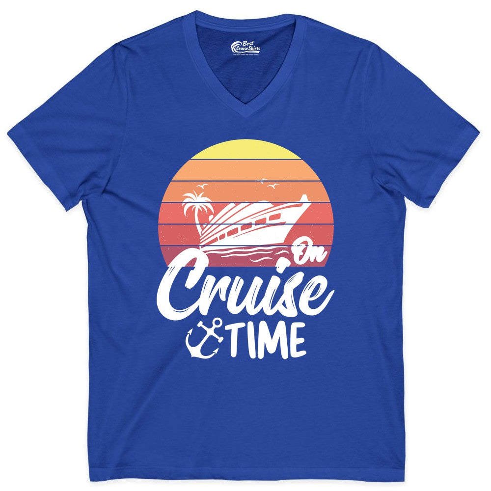 Cruise Time Shirt - Retro Sunset Cruise Vacation Apparel Tee (V-Neck) in True Royal - Retro Sunset Cruise Ship Palm Tree Anchor - Cruise Time Shirt