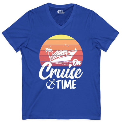 Cruise Time Shirt - Retro Sunset Cruise Vacation Apparel Tee (V-Neck) in True Royal - Retro Sunset Cruise Ship Palm Tree Anchor - Cruise Time Shirt