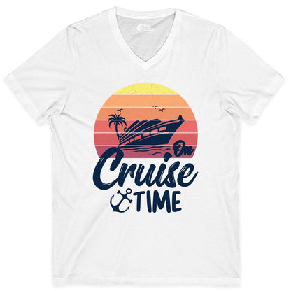 Cruise Time Shirt - Retro Sunset Cruise Vacation Apparel Tee (V-Neck) in White - Retro Sunset Cruise Ship Palm Tree Anchor - Cruise Time Shirt