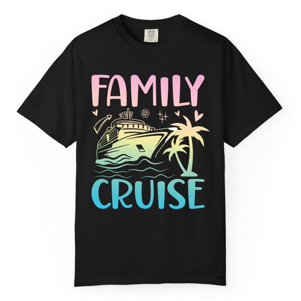 Family Cruise Shirt - Tropical Cruise Vacation Tee for Group Trips (Comfort Color) in Black - Family Cruise Shirt - Tropical Beach and Cruise Ship Pastel Design
