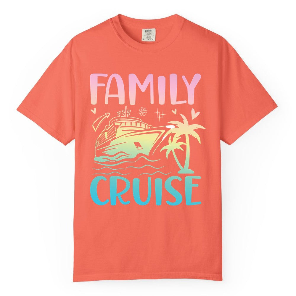 Family Cruise Shirt - Tropical Cruise Vacation Tee for Group Trips (Comfort Color) in Bright Salmon - Family Cruise Shirt - Tropical Beach and Cruise Ship Pastel Design