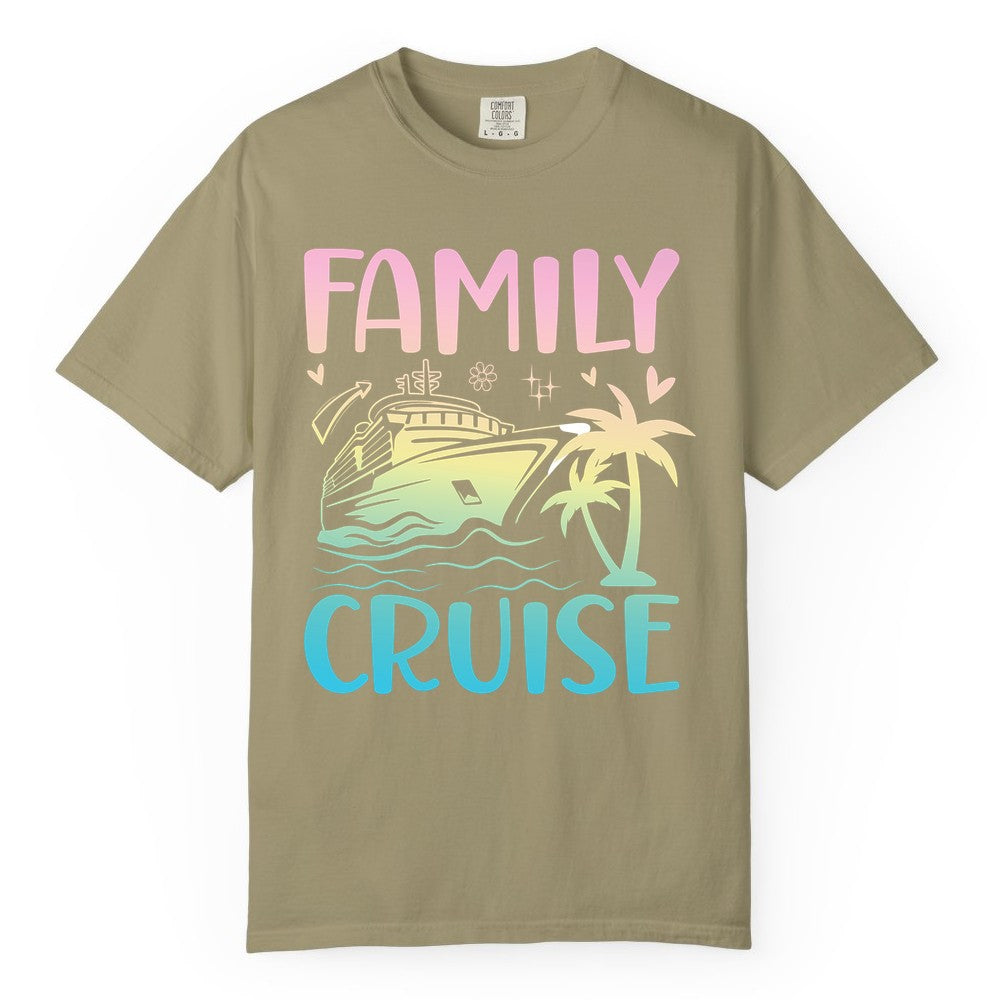 Family Cruise Shirt - Tropical Cruise Vacation Tee for Group Trips (Comfort Color) in Khaki - Family Cruise Shirt - Tropical Beach and Cruise Ship Pastel Design