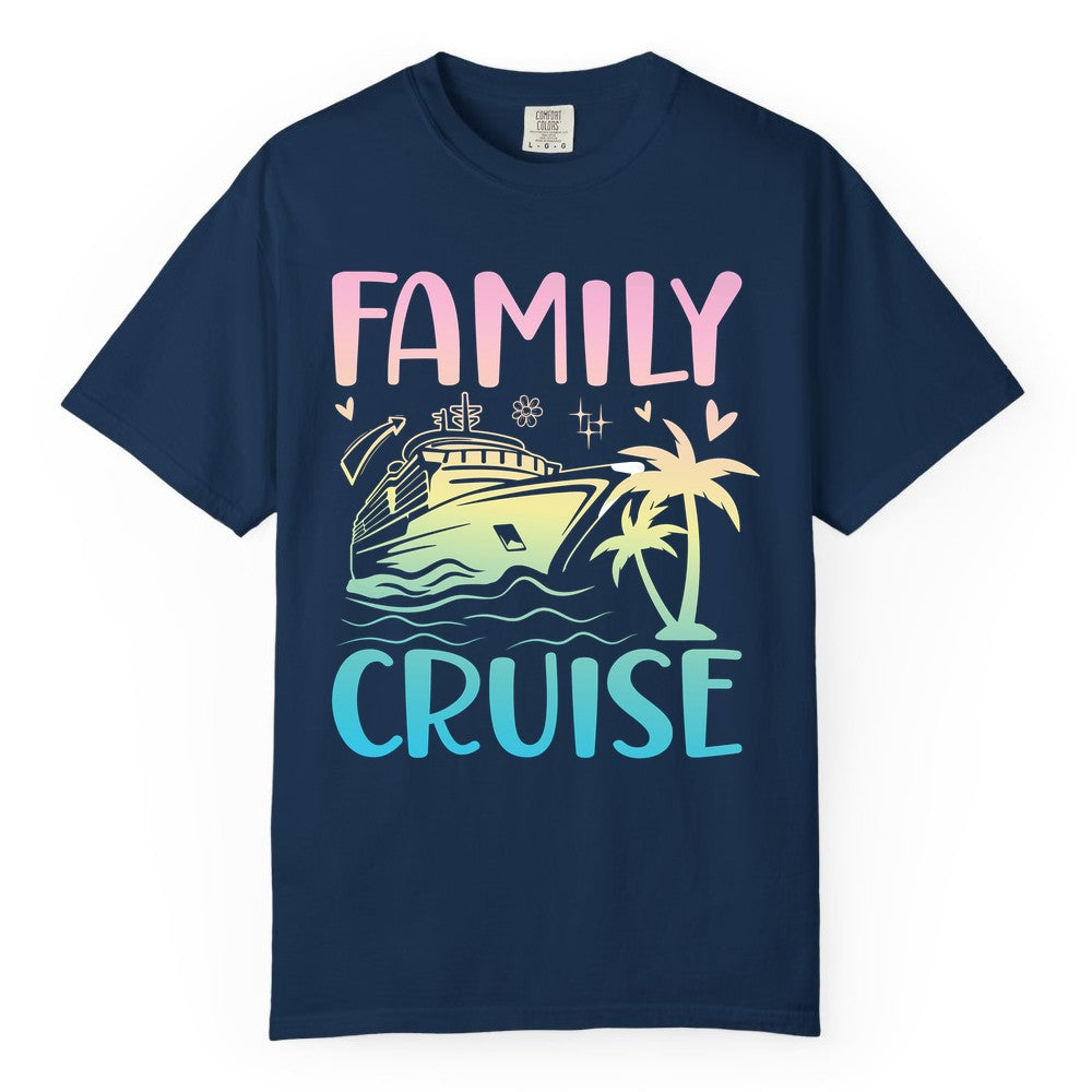 Family Cruise Shirt - Tropical Cruise Vacation Tee for Group Trips (Comfort Color) in Navy - Family Cruise Shirt - Tropical Beach and Cruise Ship Pastel Design