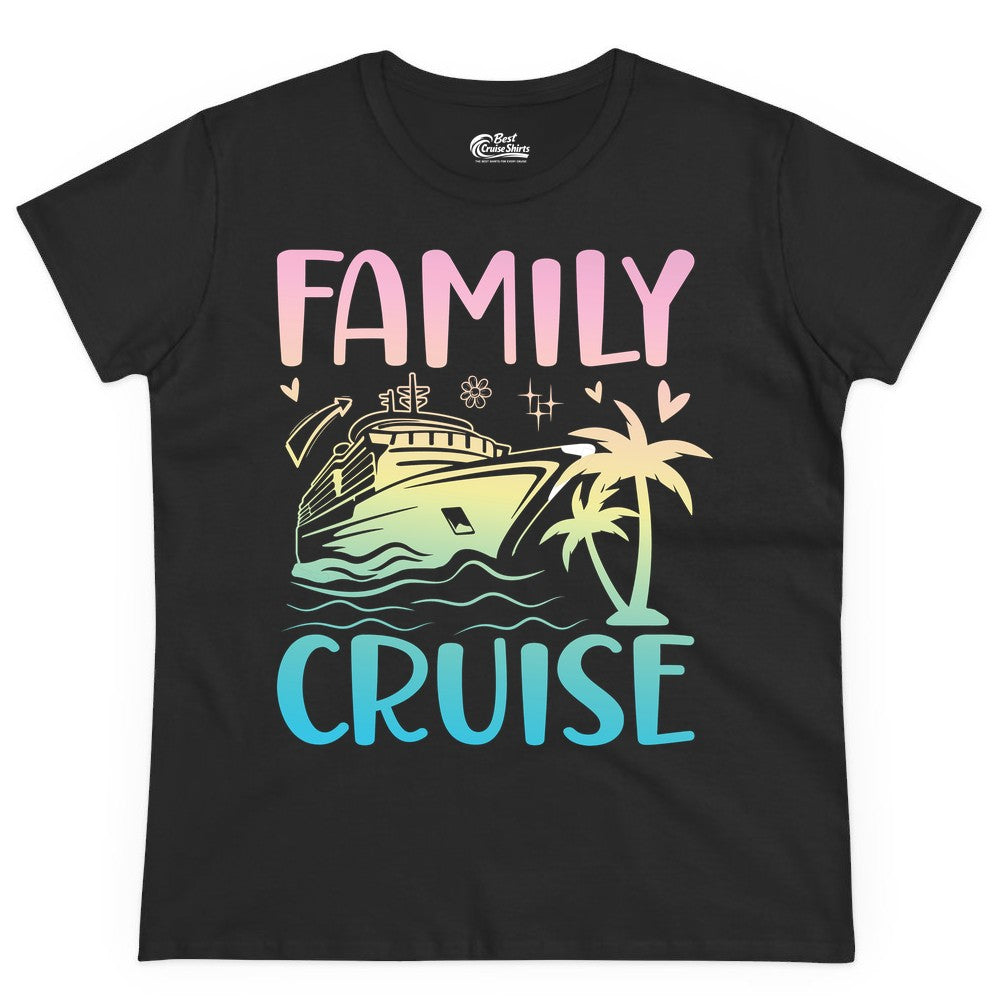 Family Cruise Shirt - Tropical Cruise Vacation Tee for Group Trips (Ladies Tee) in Black - Family Cruise Shirt - Tropical Beach and Cruise Ship Pastel Design
