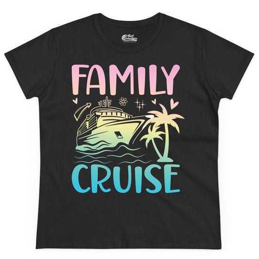 Family Cruise Shirt - Tropical Cruise Vacation Tee for Group Trips (Ladies Tee) in Black - Family Cruise Shirt - Tropical Beach and Cruise Ship Pastel Design