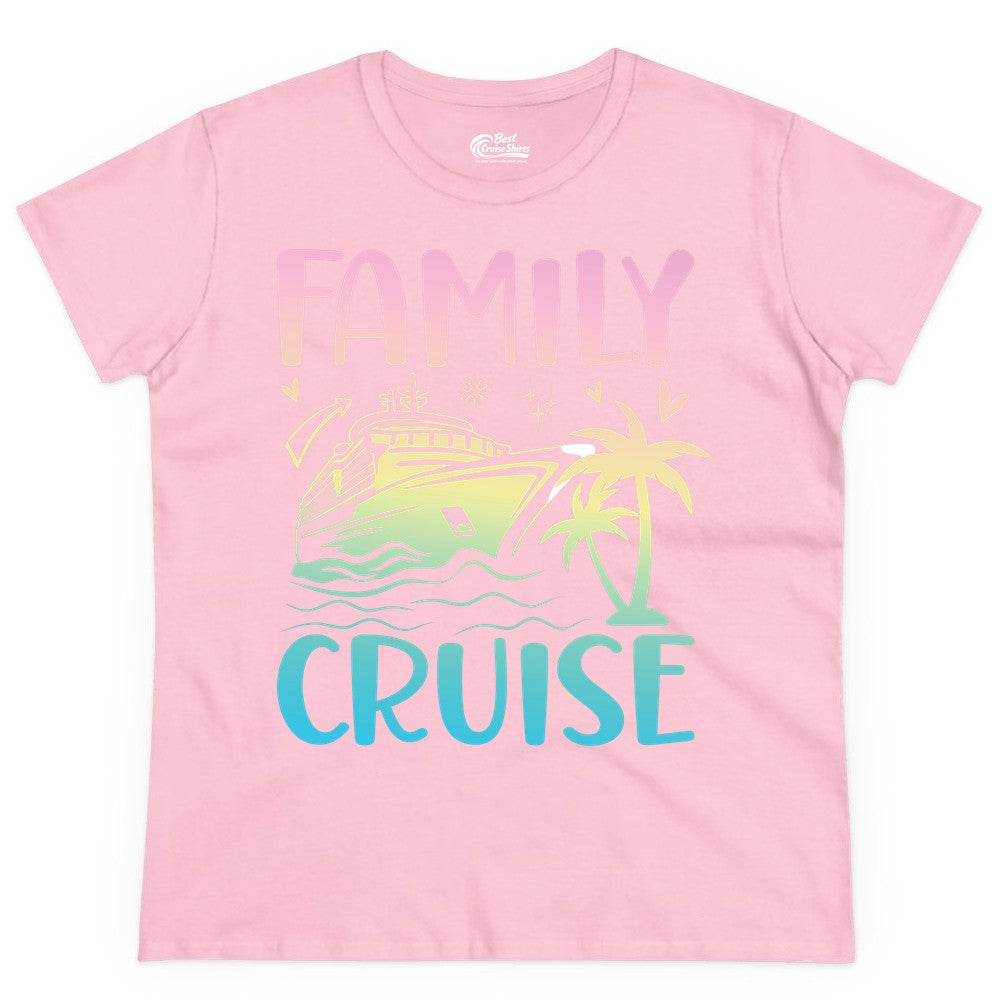 Family Cruise Shirt - Tropical Cruise Vacation Tee for Group Trips (Ladies Tee) in Light Pink - Family Cruise Shirt - Tropical Beach and Cruise Ship Pastel Design