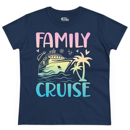 Family Cruise Shirt - Tropical Cruise Vacation Tee for Group Trips (Ladies Tee) in Navy - Family Cruise Shirt - Tropical Beach and Cruise Ship Pastel Design