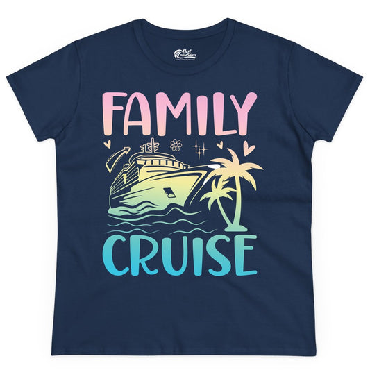 Family Cruise Shirt - Tropical Cruise Vacation Tee for Group Trips (Ladies Tee) in Navy - Family Cruise Shirt - Tropical Beach and Cruise Ship Pastel Design