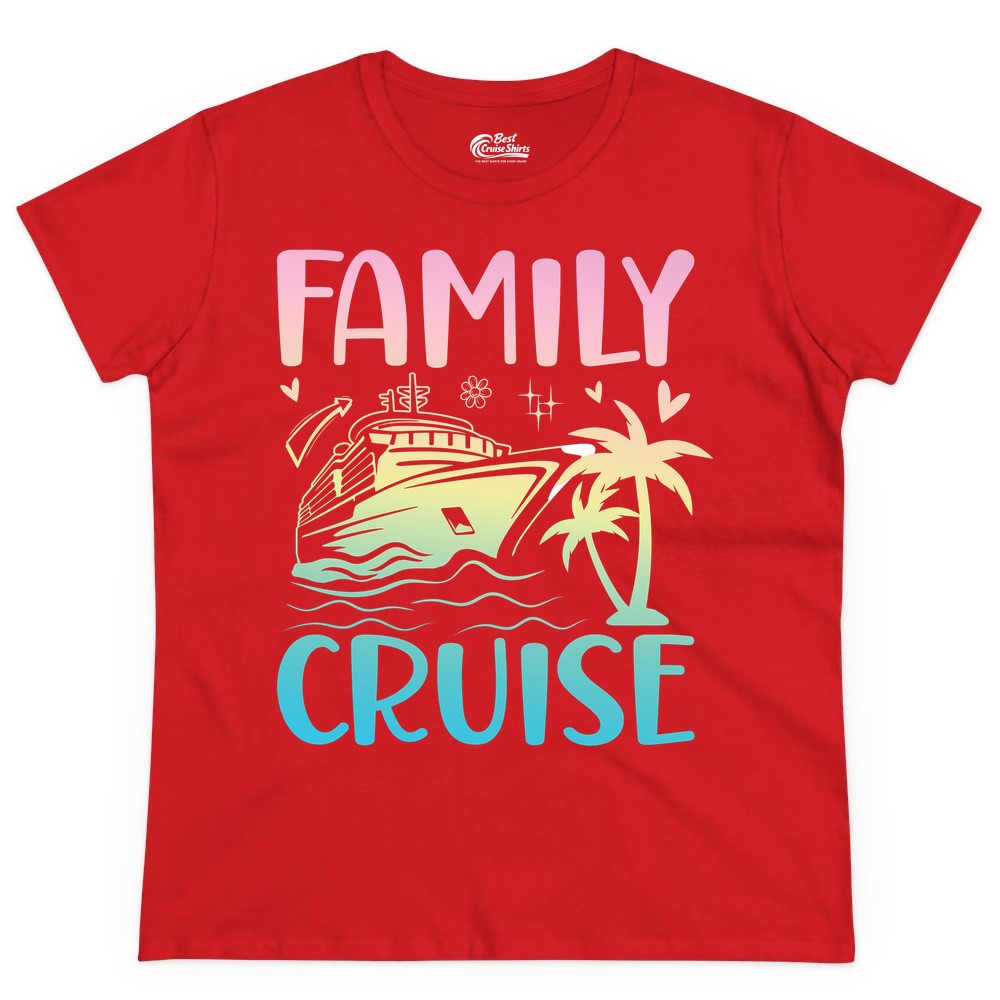 Family Cruise Shirt - Tropical Cruise Vacation Tee for Group Trips (Ladies Tee) in Red - Family Cruise Shirt - Tropical Beach and Cruise Ship Pastel Design