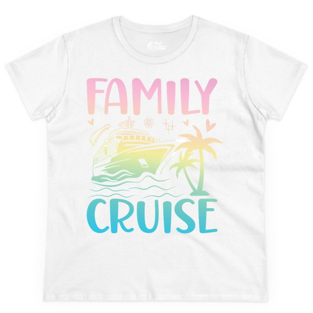 Family Cruise Shirt - Tropical Cruise Vacation Tee for Group Trips (Ladies Tee) in White - Family Cruise Shirt - Tropical Beach and Cruise Ship Pastel Design