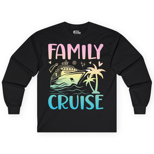 Family Cruise Shirt - Tropical Cruise Vacation Tee for Group Trips (Long Sleeve) in Black - Family Cruise Shirt - Tropical Beach and Cruise Ship Pastel Design