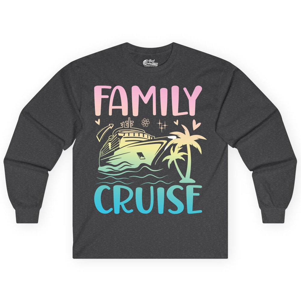 Family Cruise Shirt - Tropical Cruise Vacation Tee for Group Trips (Long Sleeve) in Dark Heather - Family Cruise Shirt - Tropical Beach and Cruise Ship Pastel Design