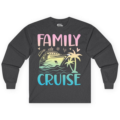 Family Cruise Shirt - Tropical Cruise Vacation Tee for Group Trips (Long Sleeve) in Dark Heather - Family Cruise Shirt - Tropical Beach and Cruise Ship Pastel Design