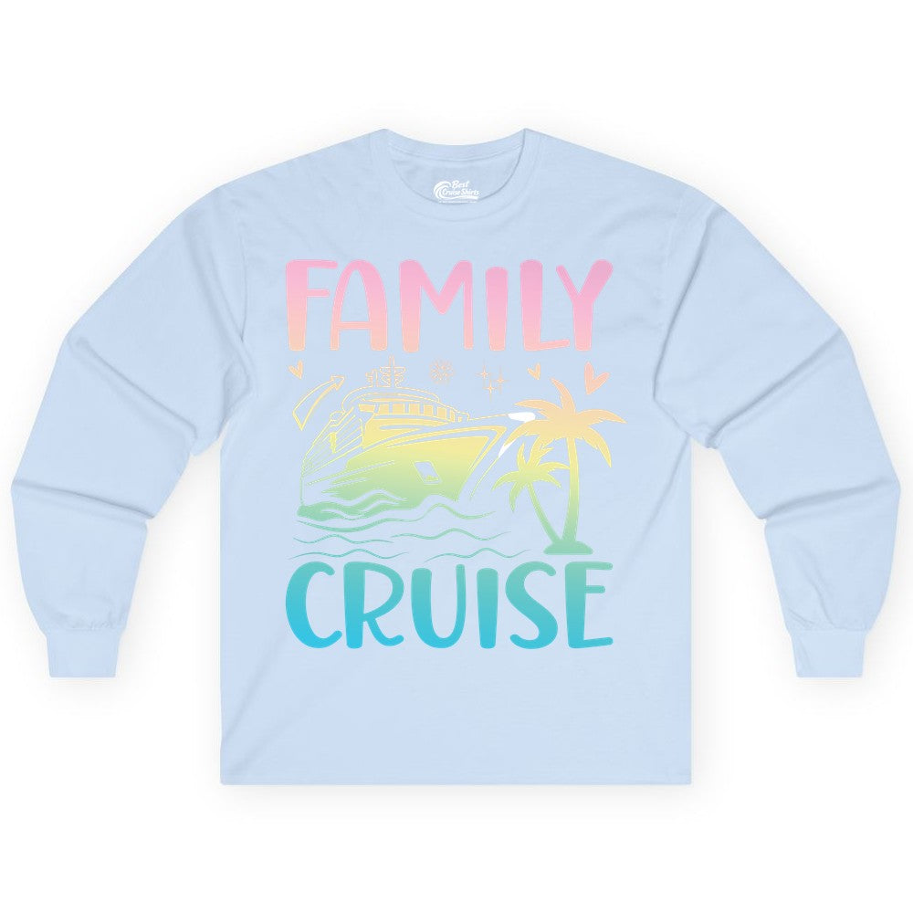 Family Cruise Shirt - Tropical Cruise Vacation Tee for Group Trips (Long Sleeve) in Light Blue - Family Cruise Shirt - Tropical Beach and Cruise Ship Pastel Design
