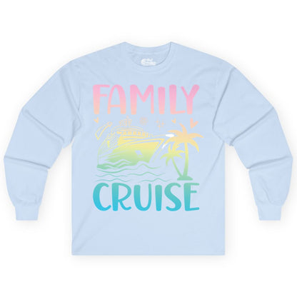 Family Cruise Shirt - Tropical Cruise Vacation Tee for Group Trips (Long Sleeve) in Light Blue - Family Cruise Shirt - Tropical Beach and Cruise Ship Pastel Design