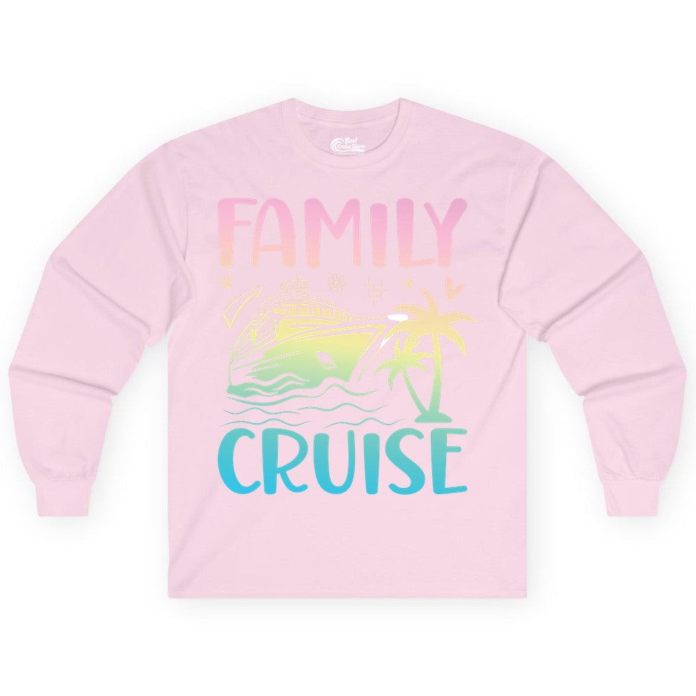 Family Cruise Shirt - Tropical Cruise Vacation Tee for Group Trips (Long Sleeve) in Light Pink - Family Cruise Shirt - Tropical Beach and Cruise Ship Pastel Design