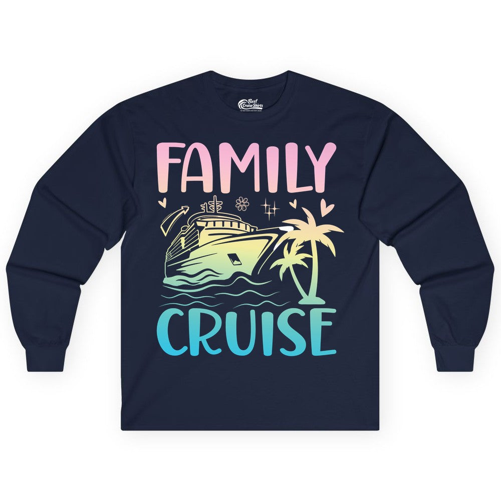 Family Cruise Shirt - Tropical Cruise Vacation Tee for Group Trips (Long Sleeve) in Navy - Family Cruise Shirt - Tropical Beach and Cruise Ship Pastel Design