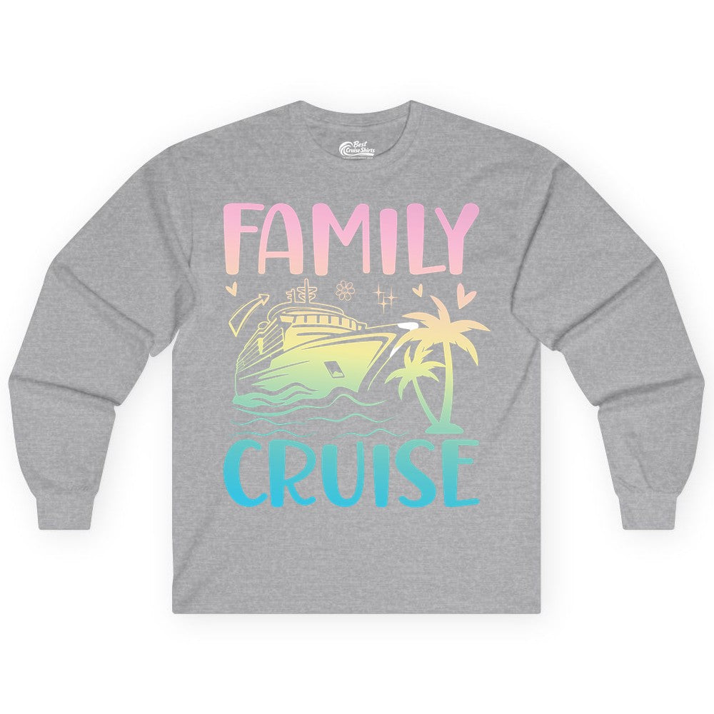 Family Cruise Shirt - Tropical Cruise Vacation Tee for Group Trips (Long Sleeve) in Sport Grey - Family Cruise Shirt - Tropical Beach and Cruise Ship Pastel Design