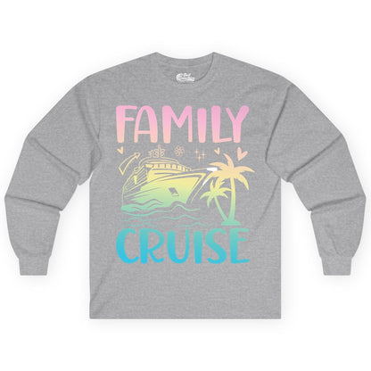 Family Cruise Shirt - Tropical Cruise Vacation Tee for Group Trips (Long Sleeve) in Sport Grey - Family Cruise Shirt - Tropical Beach and Cruise Ship Pastel Design