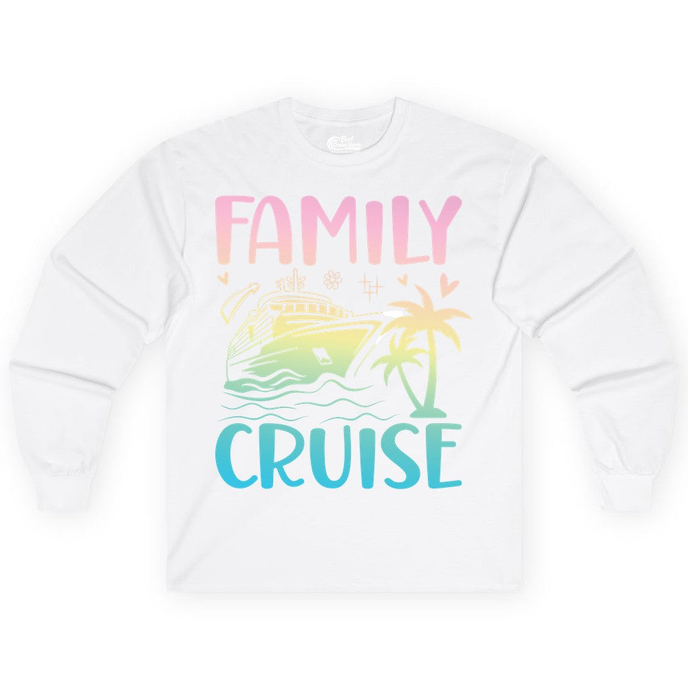 Family Cruise Shirt - Tropical Cruise Vacation Tee for Group Trips (Long Sleeve) in White - Family Cruise Shirt - Tropical Beach and Cruise Ship Pastel Design