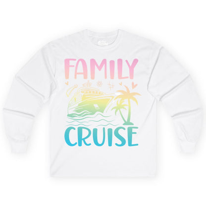 Family Cruise Shirt - Tropical Cruise Vacation Tee for Group Trips (Long Sleeve) in White - Family Cruise Shirt - Tropical Beach and Cruise Ship Pastel Design
