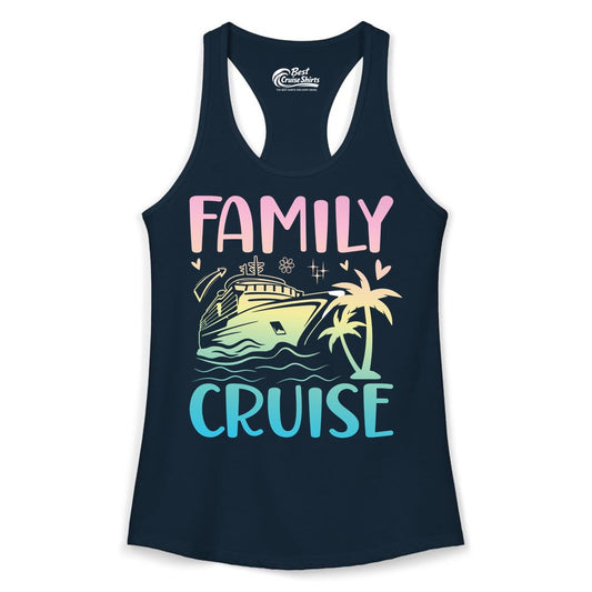 Family Cruise Shirt - Tropical Cruise Vacation Tee for Group Trips (Ladies Tank) in Solid Midnight Navy - Family Cruise Shirt - Tropical Beach and Cruise Ship Pastel Design