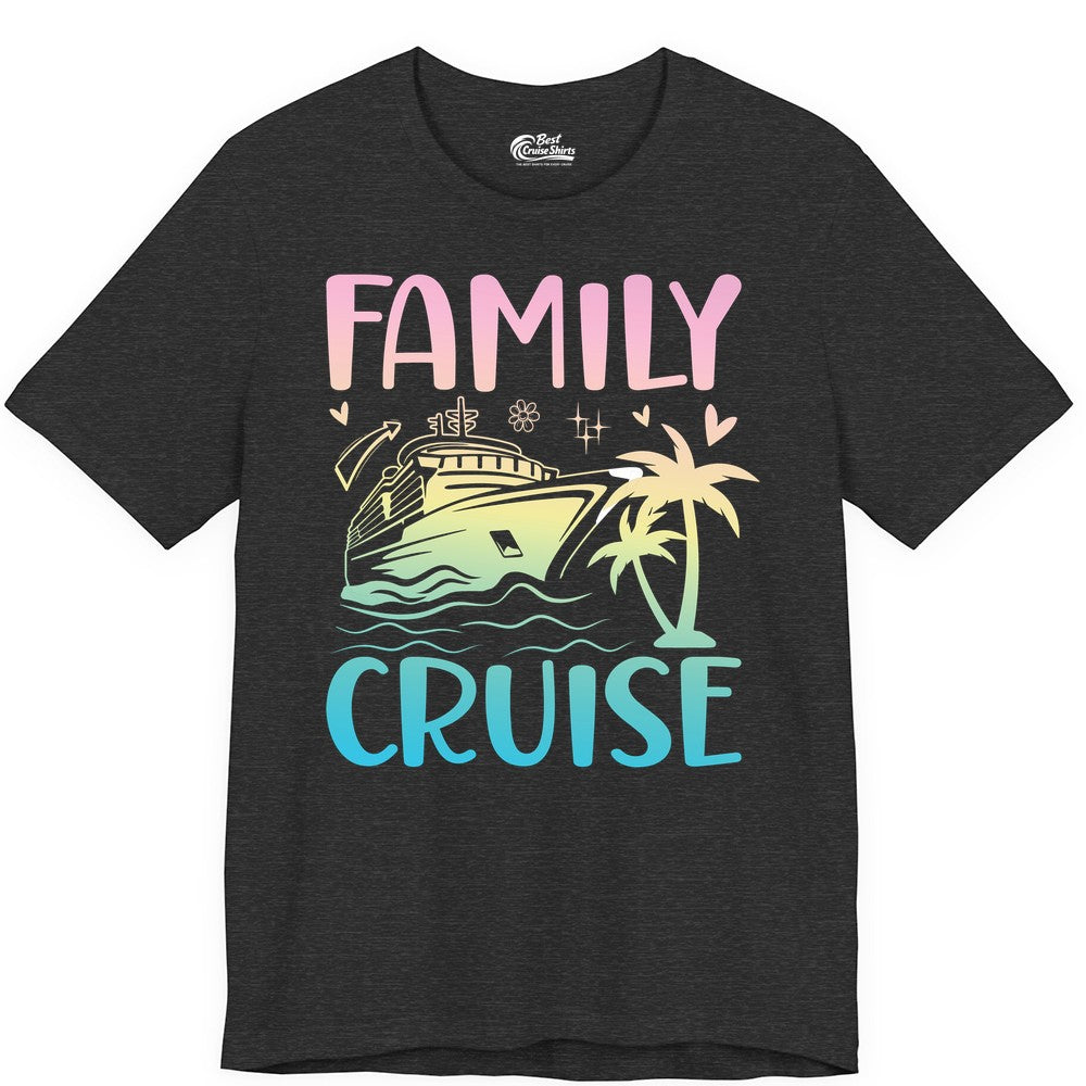 Family Cruise Shirt - Tropical Cruise Vacation Tee for Group Trips (Premium Tee) in Dark Grey Heather - Family Cruise Shirt - Tropical Beach and Cruise Ship Pastel Design