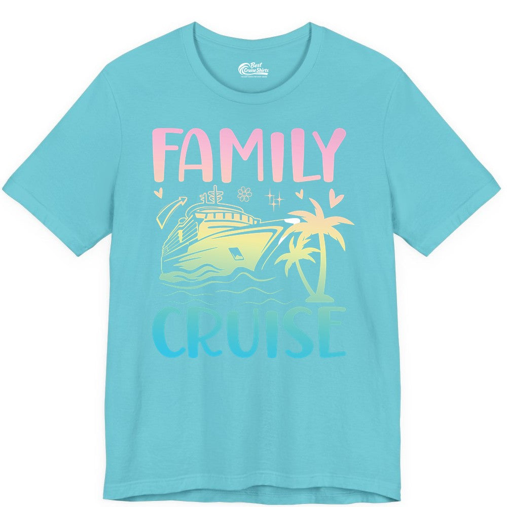 Family Cruise Shirt - Tropical Cruise Vacation Tee for Group Trips (Premium Tee) in Turquoise - Family Cruise Shirt - Tropical Beach and Cruise Ship Pastel Design