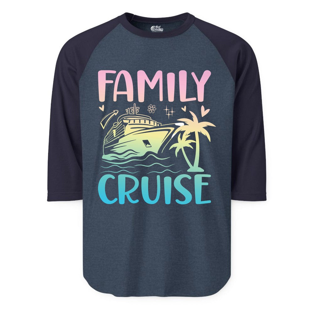 Family Cruise Shirt - Tropical Cruise Vacation Tee for Group Trips (Raglan) in Heather DenimNavy - Family Cruise Shirt - Tropical Beach and Cruise Ship Pastel Design