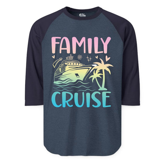 Family Cruise Shirt - Tropical Cruise Vacation Tee for Group Trips (Raglan) in Heather DenimNavy - Family Cruise Shirt - Tropical Beach and Cruise Ship Pastel Design