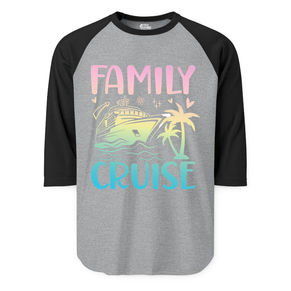 Family Cruise Shirt - Tropical Cruise Vacation Tee for Group Trips (Raglan) in Heather GreyBlack - Family Cruise Shirt - Tropical Beach and Cruise Ship Pastel Design
