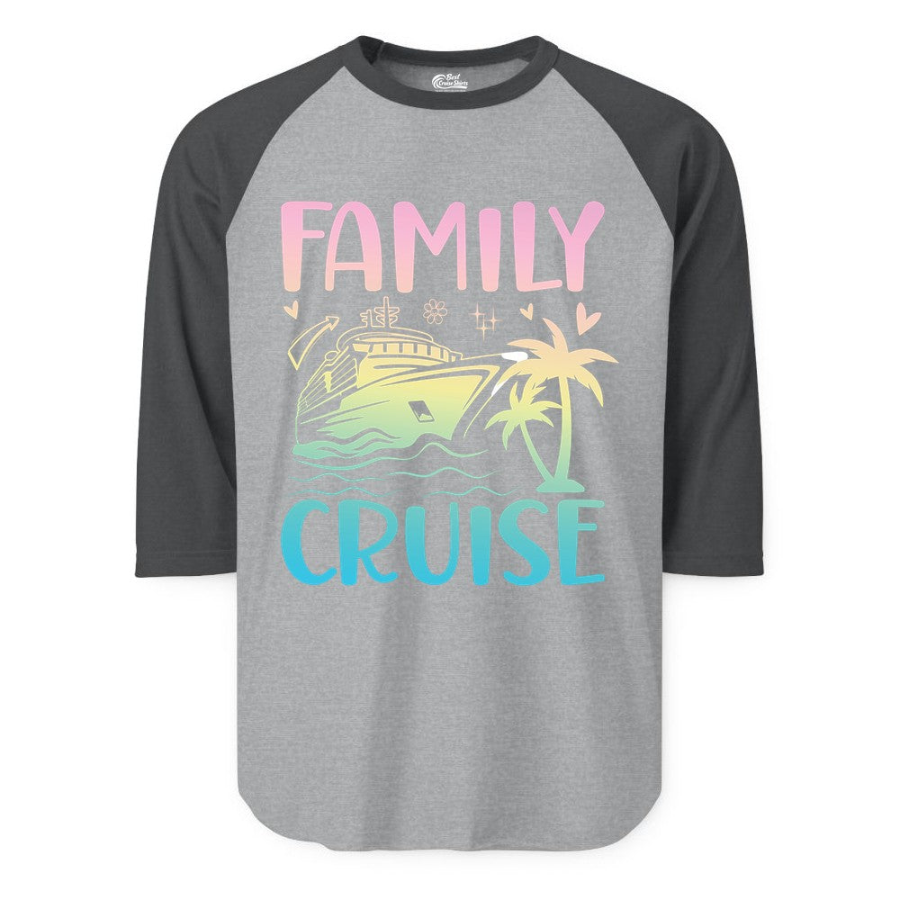 Family Cruise Shirt - Tropical Cruise Vacation Tee for Group Trips (Raglan) in Heather GreyHeather Charcoal - Family Cruise Shirt - Tropical Beach and Cruise Ship Pastel Design