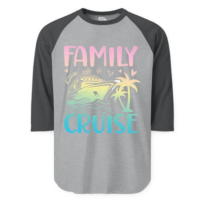 Family Cruise Shirt - Tropical Cruise Vacation Tee for Group Trips (Raglan) in Heather GreyHeather Charcoal - Family Cruise Shirt - Tropical Beach and Cruise Ship Pastel Design