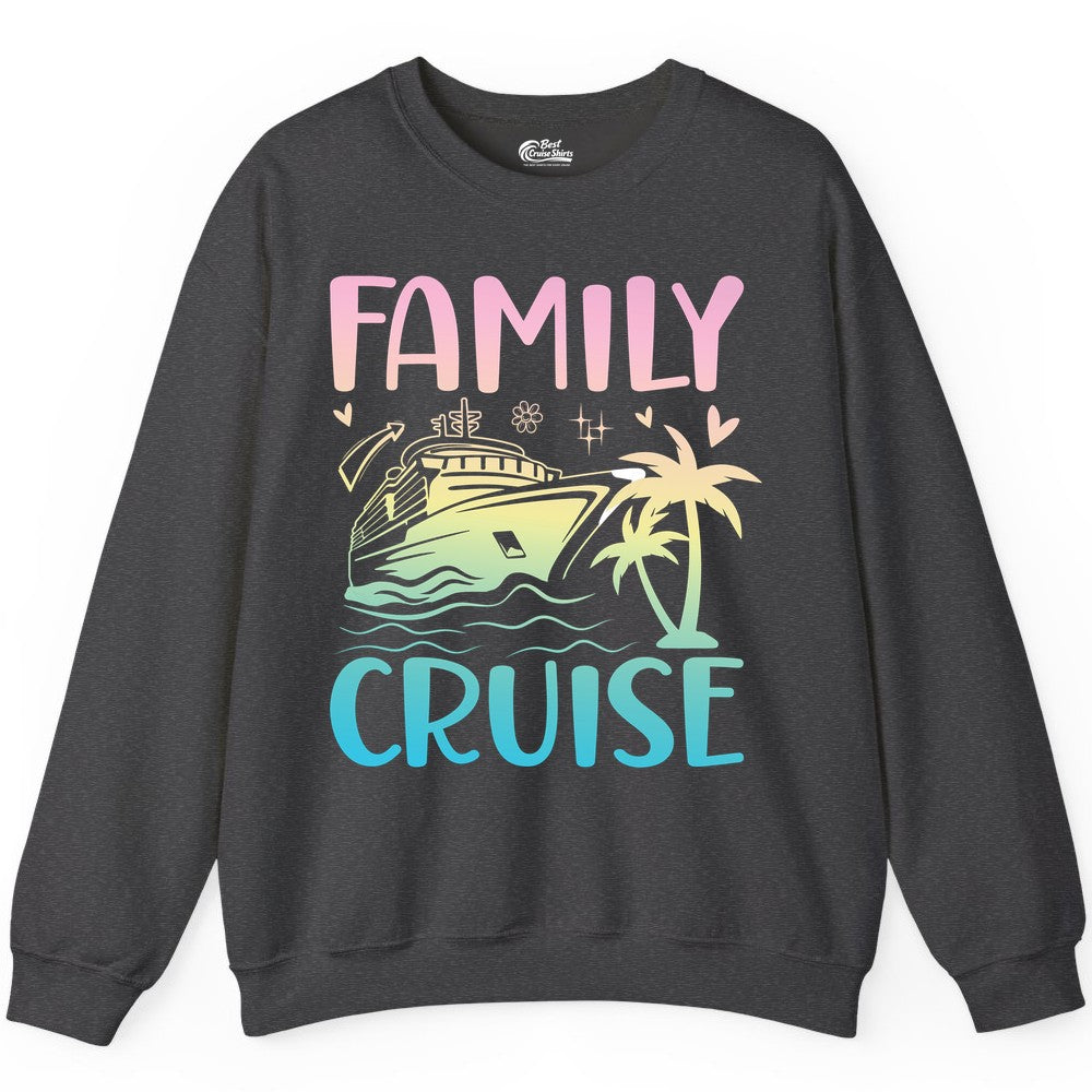 Family Cruise Shirt - Tropical Cruise Vacation Tee for Group Trips (Sweatshirt) in Dark Heather - Family Cruise Shirt - Tropical Beach and Cruise Ship Pastel Design