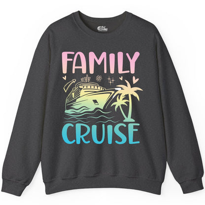Family Cruise Shirt - Tropical Cruise Vacation Tee for Group Trips (Sweatshirt) in Dark Heather - Family Cruise Shirt - Tropical Beach and Cruise Ship Pastel Design