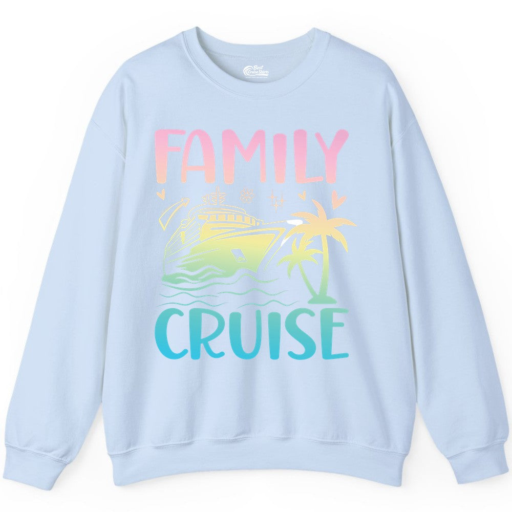 Family Cruise Shirt - Tropical Cruise Vacation Tee for Group Trips (Sweatshirt) in Light Blue - Family Cruise Shirt - Tropical Beach and Cruise Ship Pastel Design