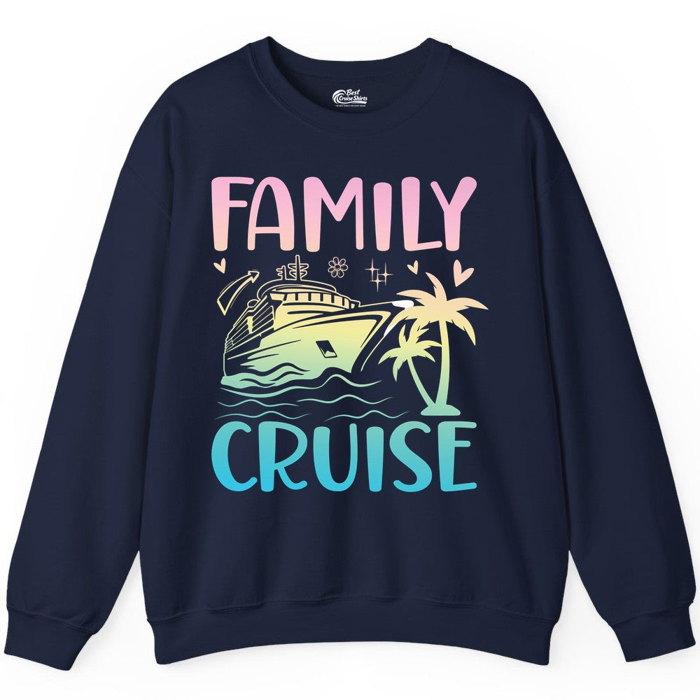 Family Cruise Shirt - Tropical Cruise Vacation Tee for Group Trips (Sweatshirt) in Navy - Family Cruise Shirt - Tropical Beach and Cruise Ship Pastel Design