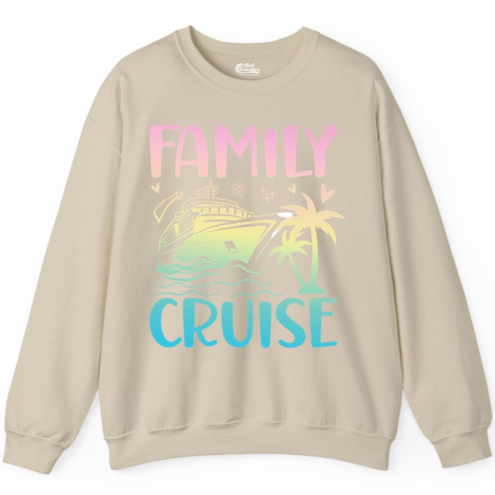 Family Cruise Shirt - Tropical Cruise Vacation Tee for Group Trips (Sweatshirt) in Sand - Family Cruise Shirt - Tropical Beach and Cruise Ship Pastel Design