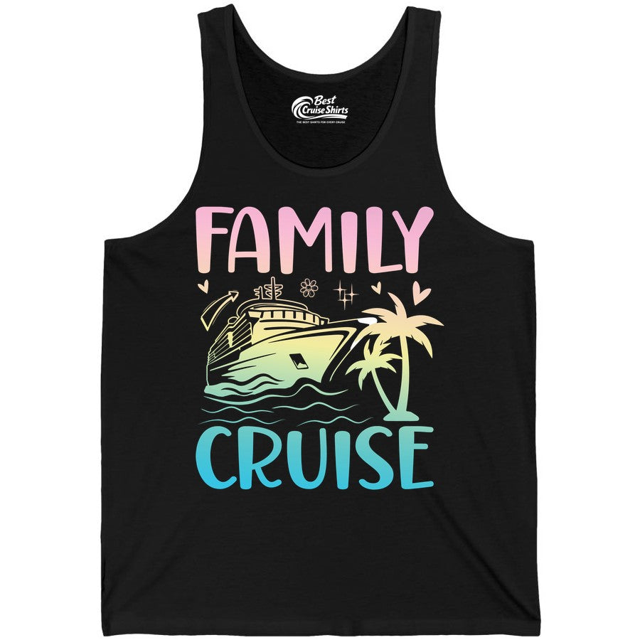 Family Cruise Shirt - Tropical Cruise Vacation Tee for Group Trips (Tank Top) in Black - Family Cruise Shirt - Tropical Beach and Cruise Ship Pastel Design