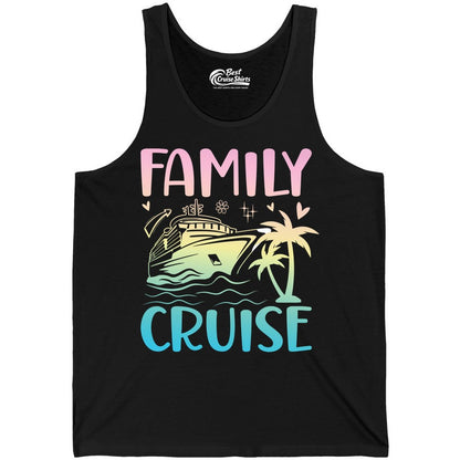 Family Cruise Shirt - Tropical Cruise Vacation Tee for Group Trips (Tank Top) in Black - Family Cruise Shirt - Tropical Beach and Cruise Ship Pastel Design