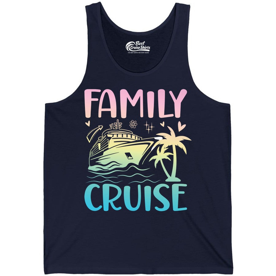 Family Cruise Shirt - Tropical Cruise Vacation Tee for Group Trips (Tank Top) in Navy - Family Cruise Shirt - Tropical Beach and Cruise Ship Pastel Design