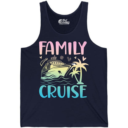 Family Cruise Shirt - Tropical Cruise Vacation Tee for Group Trips (Tank Top) in Navy - Family Cruise Shirt - Tropical Beach and Cruise Ship Pastel Design
