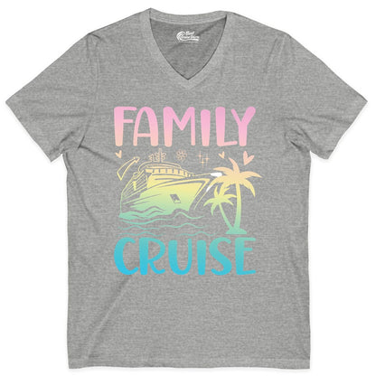 Family Cruise Shirt - Tropical Cruise Vacation Tee for Group Trips (V-Neck) in Athletic Heather - Family Cruise Shirt - Tropical Beach and Cruise Ship Pastel Design