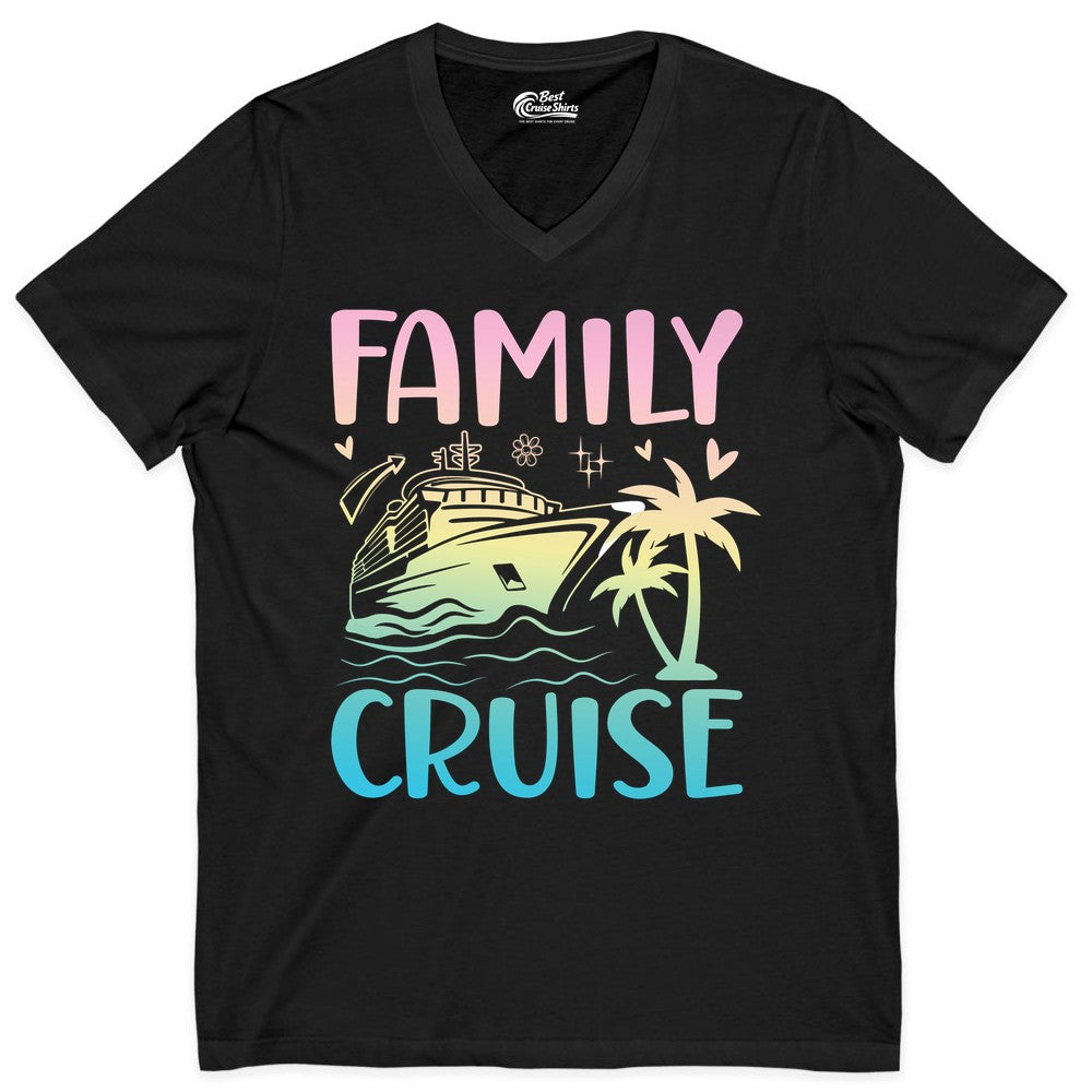 Family Cruise Shirt - Tropical Cruise Vacation Tee for Group Trips (V-Neck) in Black - Family Cruise Shirt - Tropical Beach and Cruise Ship Pastel Design