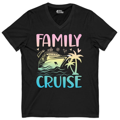 Family Cruise Shirt - Tropical Cruise Vacation Tee for Group Trips (V-Neck) in Black - Family Cruise Shirt - Tropical Beach and Cruise Ship Pastel Design