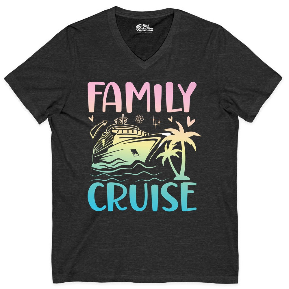 Family Cruise Shirt - Tropical Cruise Vacation Tee for Group Trips (V-Neck) in Dark Grey Heather - Family Cruise Shirt - Tropical Beach and Cruise Ship Pastel Design