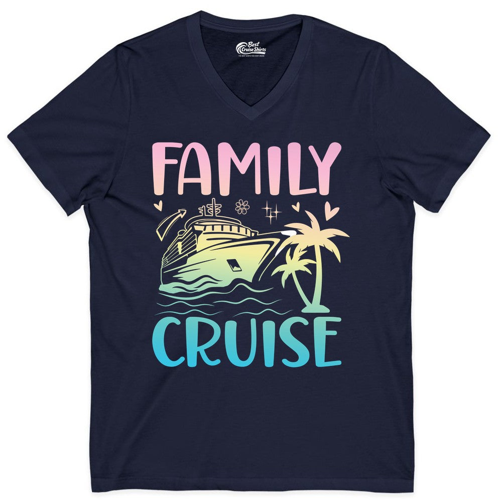 Family Cruise Shirt - Tropical Cruise Vacation Tee for Group Trips (V-Neck) in Navy - Family Cruise Shirt - Tropical Beach and Cruise Ship Pastel Design