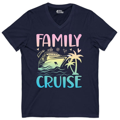 Family Cruise Shirt - Tropical Cruise Vacation Tee for Group Trips (V-Neck) in Navy - Family Cruise Shirt - Tropical Beach and Cruise Ship Pastel Design