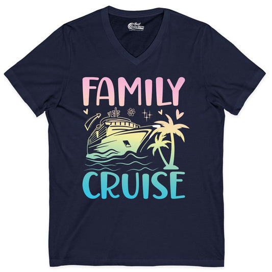 Family Cruise Shirt - Tropical Cruise Vacation Tee for Group Trips (V-Neck) in Navy - Family Cruise Shirt - Tropical Beach and Cruise Ship Pastel Design