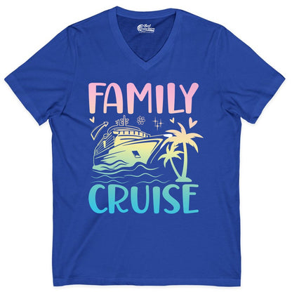 Family Cruise Shirt - Tropical Cruise Vacation Tee for Group Trips (V-Neck) in True Royal - Family Cruise Shirt - Tropical Beach and Cruise Ship Pastel Design